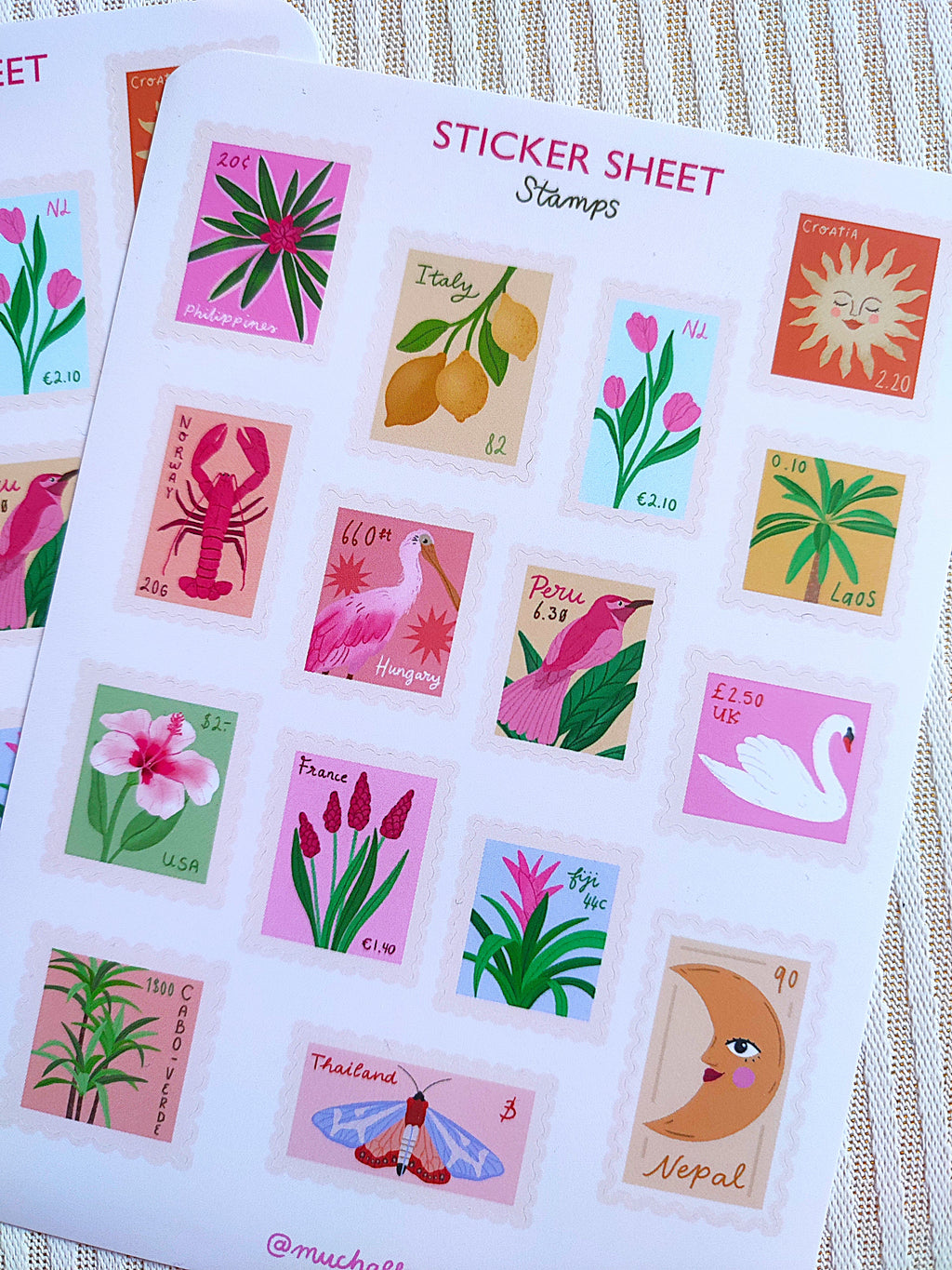 Feuille d'autocollants A6 - illustration timbres