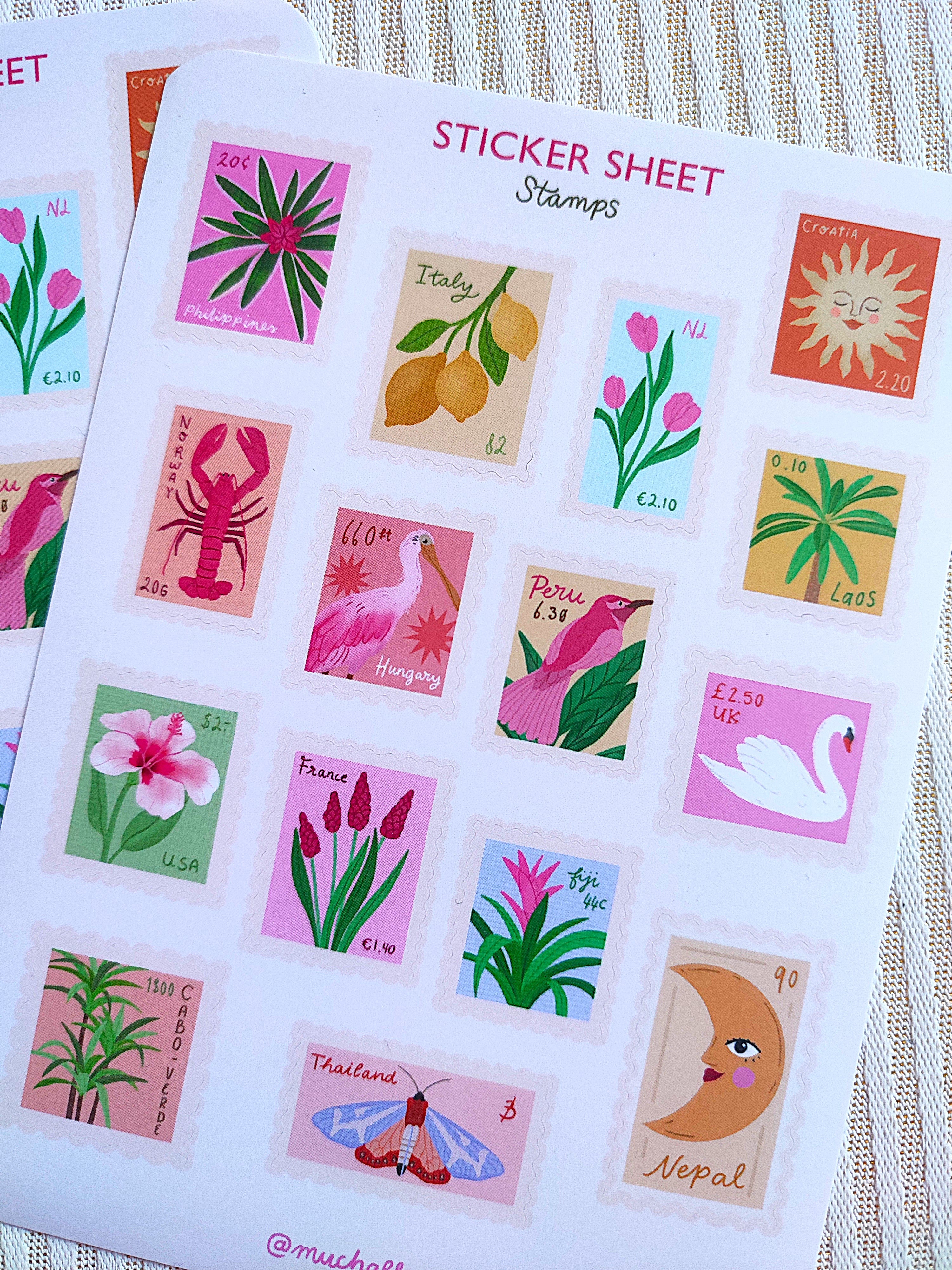 Feuille d'autocollants A6 - illustration timbres