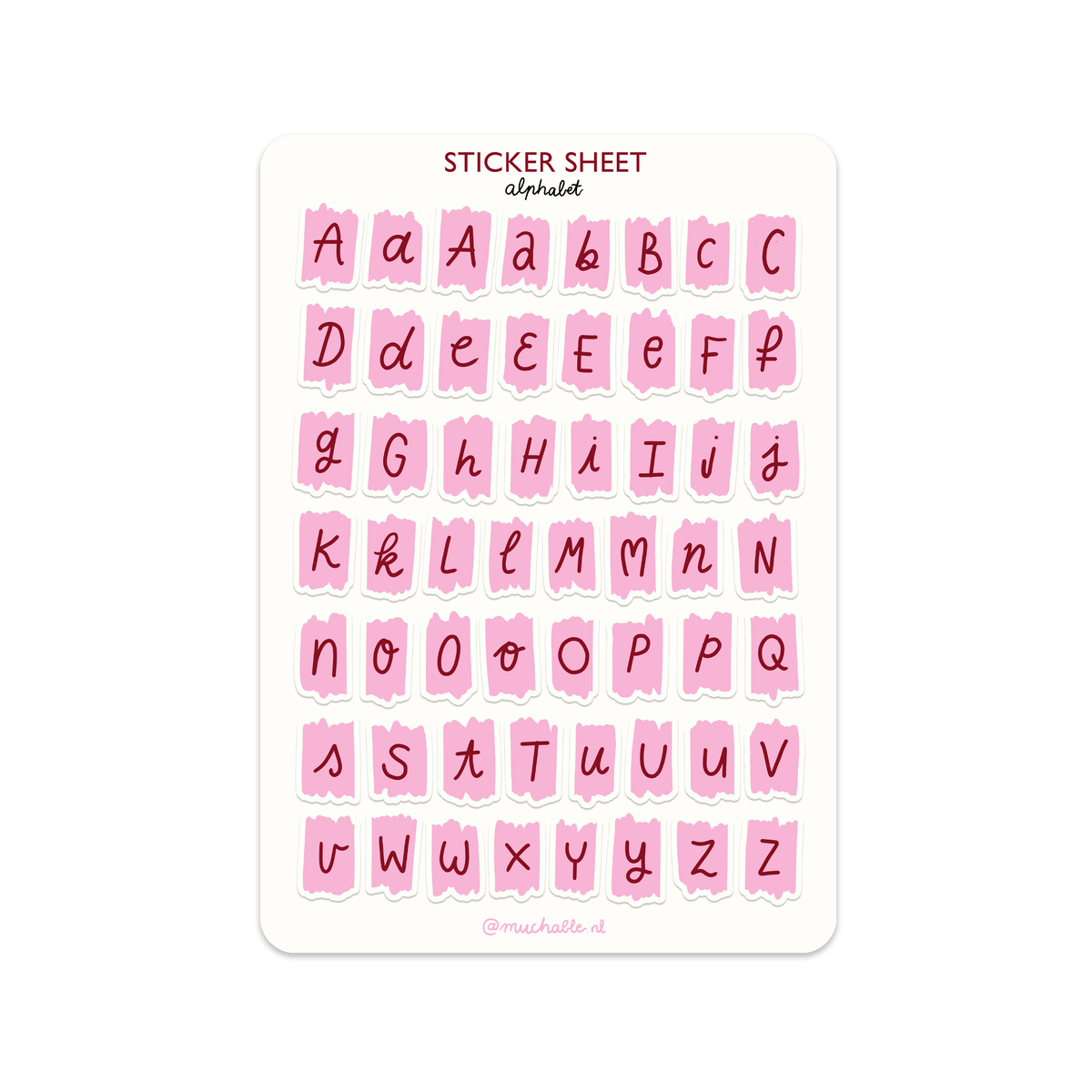 Feuille d'autocollants A5 - lettres rose de l'alphabet pour journaling