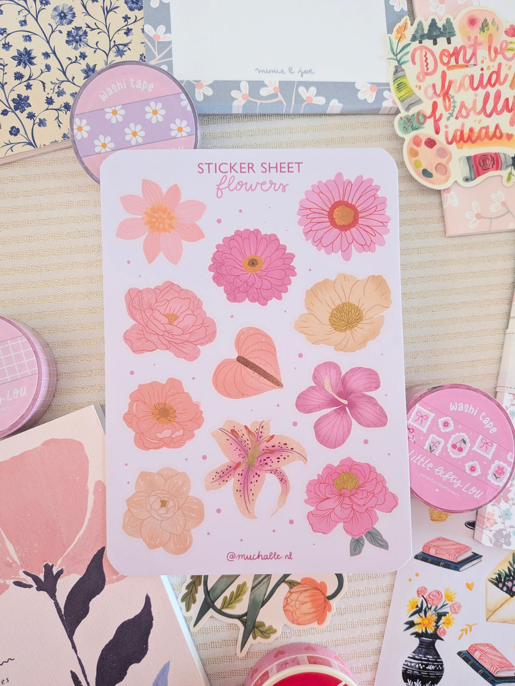 Feuille d'autocollants A6 - feuille de stickers - fleurs roses girly